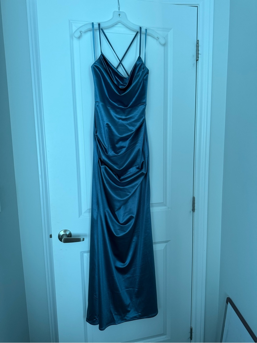 Satin Cowl Neck Maxi Dress with Crisscross Straps - Teal Blue